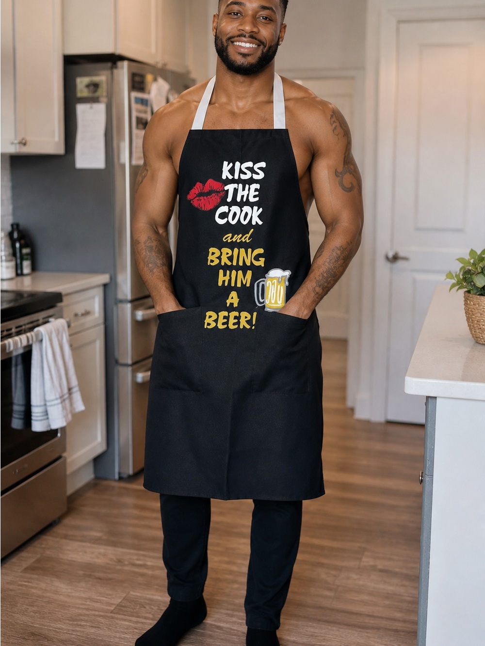Kiss The Cook Apron with Beer Graphic - Black